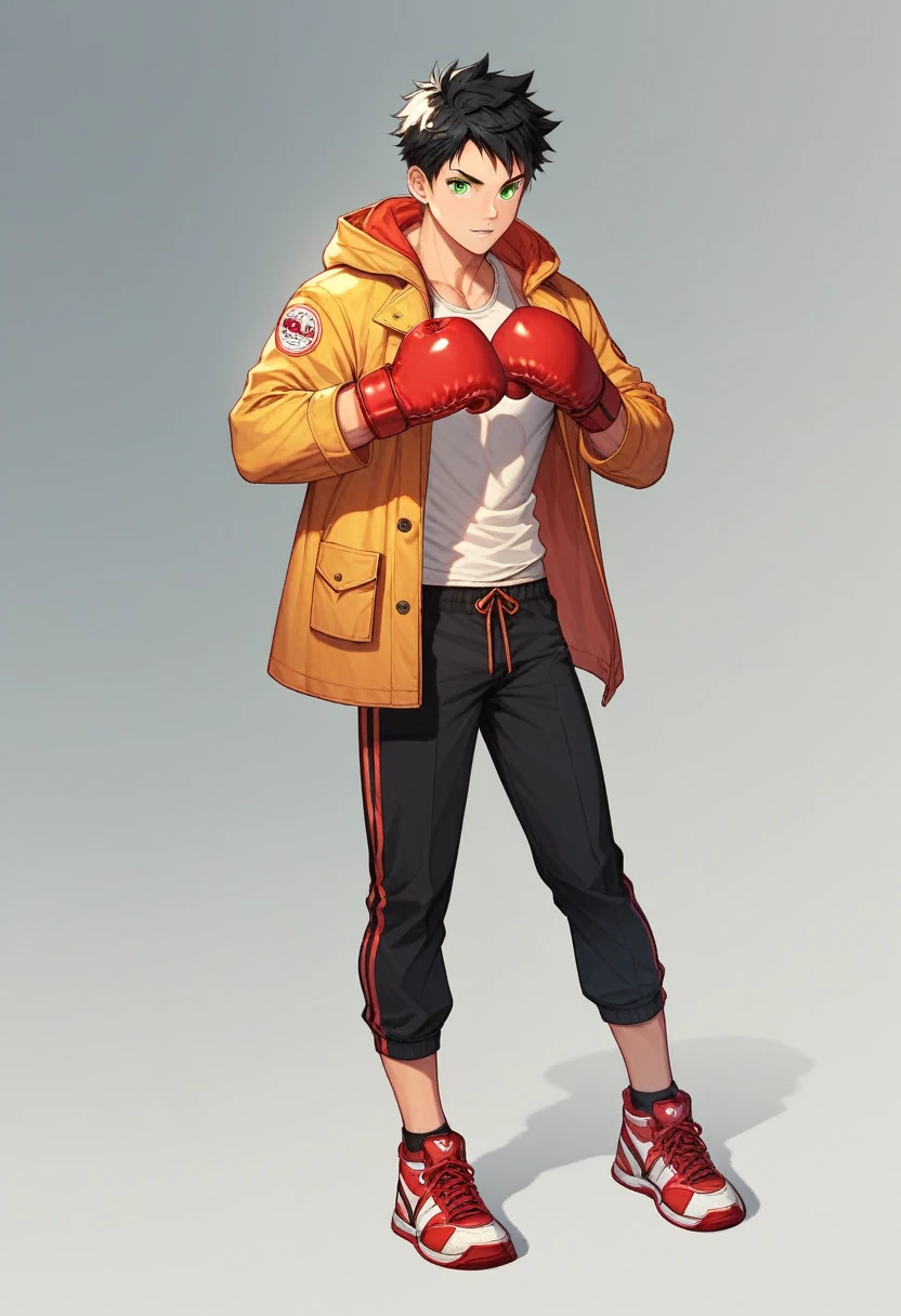 (manga style),young man with black hair,hood coat down,green pupils,red boxing gloves ,  Full body 