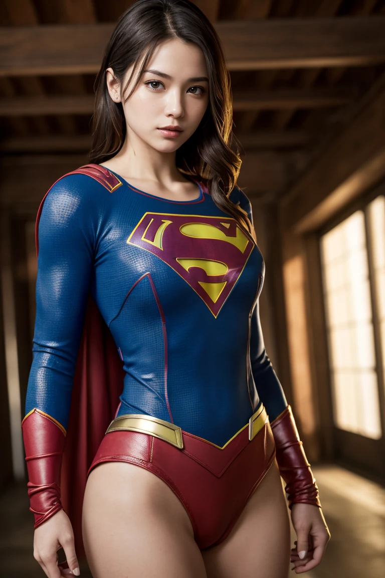 (Photorealistic:1.37), Highest Quality, masutepiece, high resolution, (Healthy skin tone), BREAK, Solo, Cinematic, fighting poses, (She wears DC's Supergirl costume suit:1.2), A fearless smile appears on her beautiful face, Elegant, Light brown short hair, Beautiful body like a supple athlete, Very sparkly oily skin, Large breasts, Big hips, plein air, Skyscraper Area, BREAK, Highly detailed beautiful eyes and face, Detailed fabric texture, Insanely detailed realistic skin texture, (Correct body balance), Top-quality lighting that doesn't darken your face when backlit