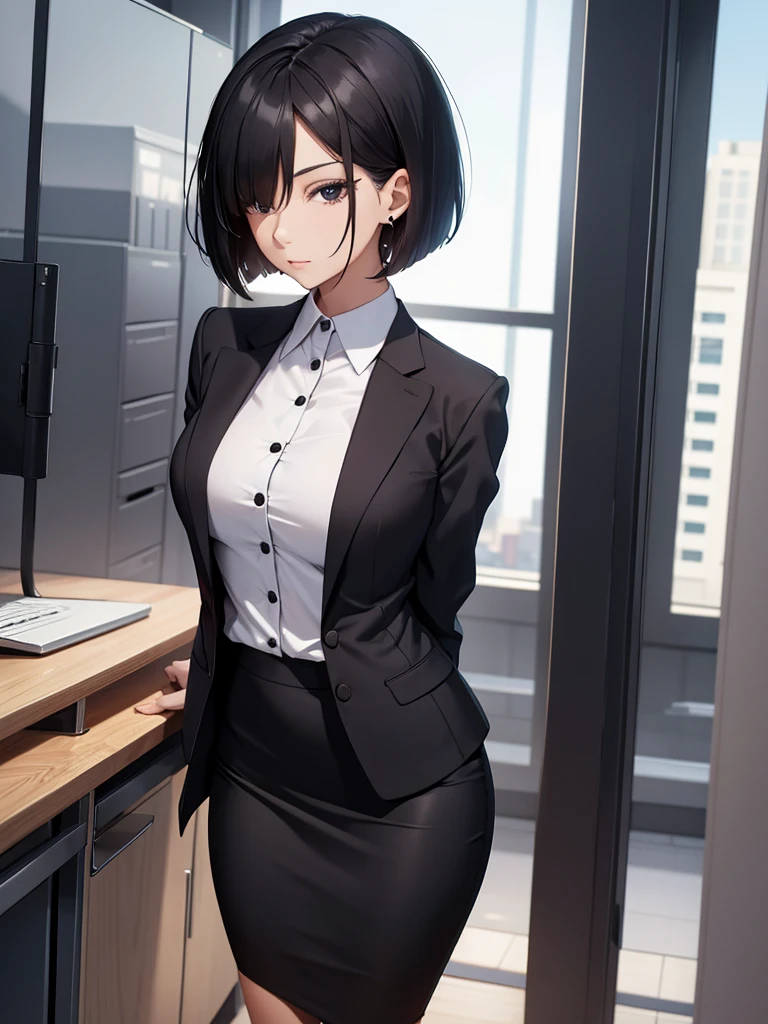  1woman, wearing a office suit, black colour tight skirt, at an office , silvear short hair, 8k, high detailed, high quality