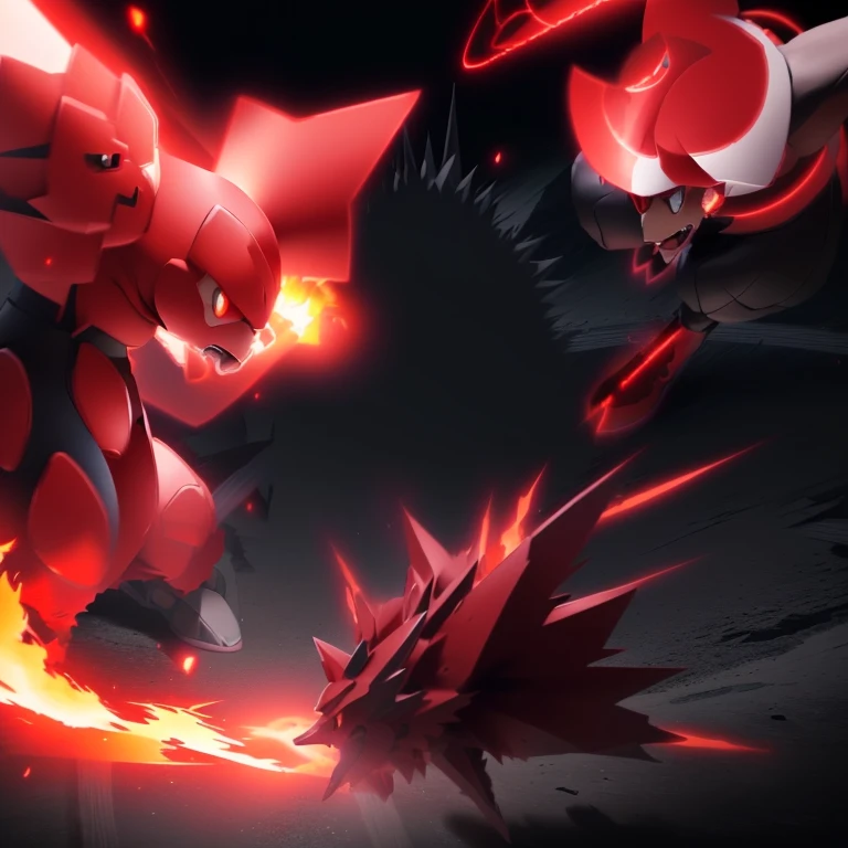 pokemon is playing with a ball and a fire in a game, intense battle, intense fighting, they are fighting very angry, menacing!, red spike aura in motion, intense combat, menacing!!!, dynamic!!, intense moment, facing off in a duel, leading a battle, scene!!, in battle, sharp!, screenshot from a 2012s anime
