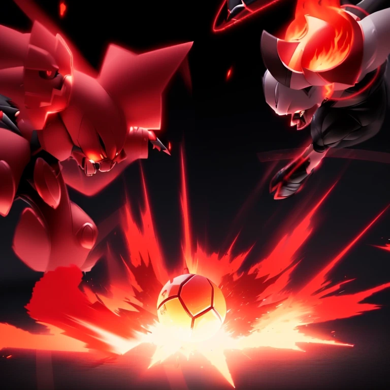 pokemon is playing with a ball and a fire in a game, intense battle, intense fighting, they are fighting very angry, menacing!, red spike aura in motion, intense combat, menacing!!!, dynamic!!, intense moment, facing off in a duel, leading a battle, scene!!, in battle, sharp!, screenshot from a 2012s anime