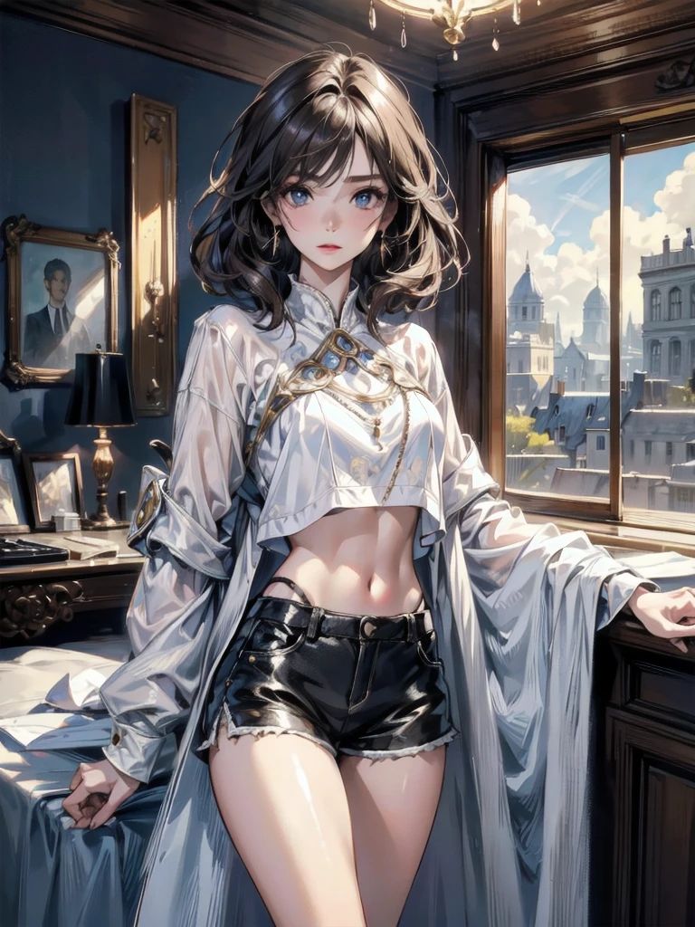 full body shot, absurdres, RAW photo, extremely delicate and beautiful, masterpiece, Best Quality, ultra high resolution, 32k, hyper realistic, ultra-detailed, Very detailed CG 8k wallpaper, detailed background, landscape, Beautiful Lighting, Perfect Lightning, Realistic Shadows, perfect anatomy, anatomically correct, ideal ratio body proportions, perfect figure, Perfect Style, Perfect balance, super Detailed skin, in her 30s, very Slim body, narrow waist, very small head, very small face, delicate facial features, handsome detailed woman, very detailed eyes and face, realistic face proportions, Realistic beautiful face, Realistic beautiful eyes, tearful mole, earring, very huge round tits, medium hair, asymmetrical hair, wavy hair, indoor, blouse, crop top, shorts,