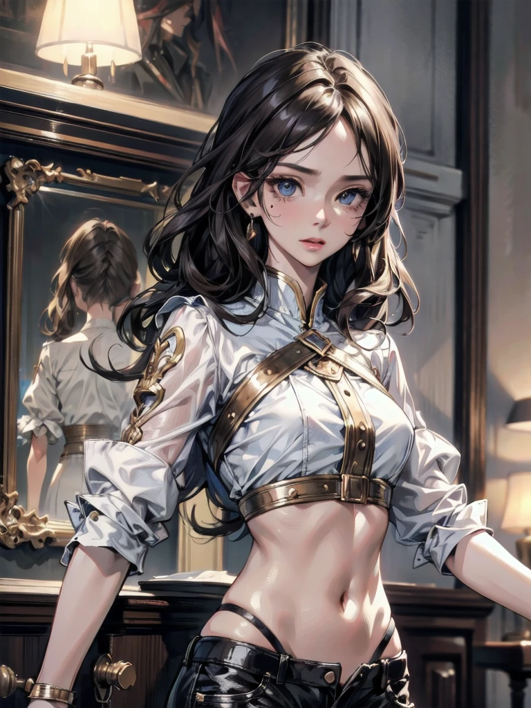 absurdres, RAW photo, extremely delicate and beautiful, masterpiece, Best Quality, ultra high resolution, 32k, hyper realistic, ultra-detailed, Very detailed CG 8k wallpaper, detailed background, landscape, Beautiful Lighting, Perfect Lightning, Realistic Shadows, perfect ???????, anatomically correct, ideal ratio body proportions, perfect figure, Perfect Style, Perfect balance, super Detailed skin, in her 30s, very Slim body, narrow waist, very small head, very small face, delicate facial features, handsome detailed woman, very detailed eyes and face, realistic face proportions, Realistic beautiful face, Realistic beautiful eyes, tearful mole, earring, full body shot, very huge round tits, medium hair, asymmetrical hair, wavy hair, indoor, blouse, crop top, shorts,