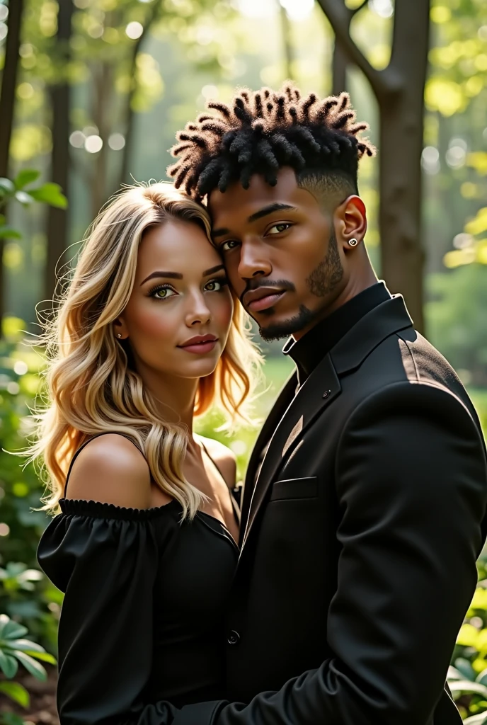 (best qualityer), couple, 1 male 1 female, young man 24 years old, young woman 22 years old, light skinned woman, she has medium blonde hair, She has medium length hair with small waves, She has big green eyes, Curvy Body, man with slightly brown skin, he has black curly hair, he has a shaved haircut on the sides and bangs above his eyes, He has brown eyes, he has a short beard on his chin, He has a piercing on the left side of his mouth and on his left eyebrow, gazing at viewer, Warm and romantic, she wears all black clothes, he wears a black turtleneck shirt with a charcoal gray denim jacket and black pants, Romantic forest