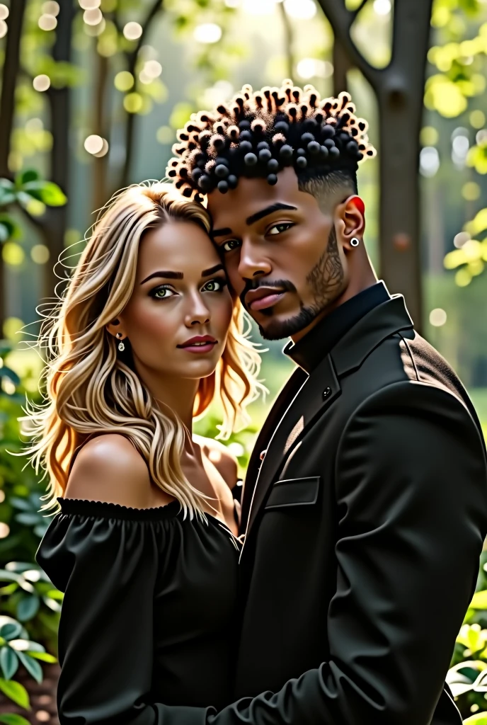 (best qualityer), couple, 1 male 1 female, young man 24 years old, young woman 22 years old, light skinned woman, she has medium blonde hair, She has medium length hair with small waves, She has big green eyes, Curvy Body, man with slightly brown skin, he has black curly hair, he has a shaved haircut on the sides and bangs above his eyes, He has brown eyes, he has a short beard on his chin, He has a piercing on the left side of his mouth and on his left eyebrow, gazing at viewer, Warm and romantic, she wears all black clothes, he wears a black turtleneck shirt with a charcoal gray denim jacket and black pants, Romantic forest