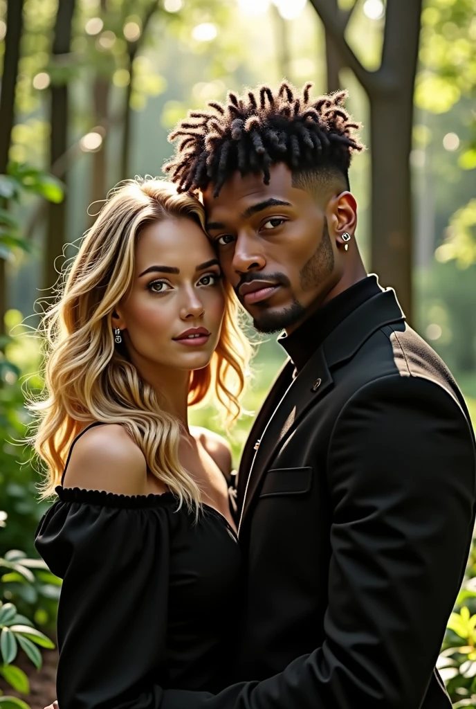 (best qualityer), couple, 1 male 1 female, young man 24 years old, young woman 22 years old, light skinned woman, she has medium blonde hair, She has medium length hair with small waves, She has big green eyes, Curvy Body, man with slightly brown skin, he has black curly hair, he has a shaved haircut on the sides and bangs above his eyes, He has brown eyes, he has a short beard on his chin, He has a piercing on the left side of his mouth and on his left eyebrow, gazing at viewer, Warm and romantic, she wears all black clothes, he wears a black turtleneck shirt with a charcoal gray denim jacket and black pants, Romantic forest