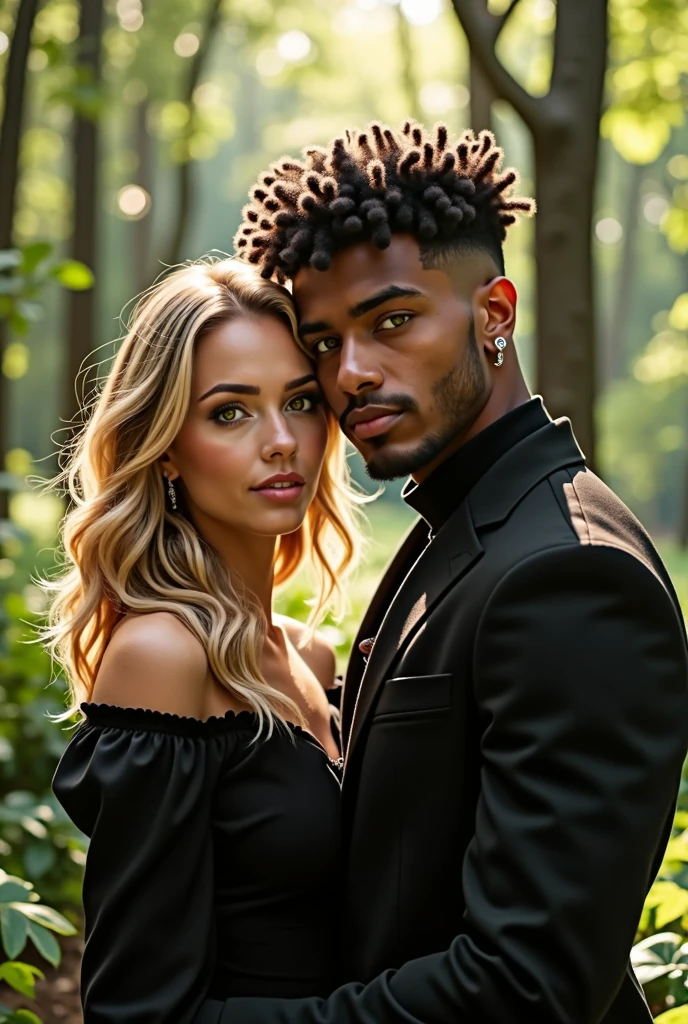 (best qualityer), couple, 1 male 1 female, young man 24 years old, young woman 22 years old, light skinned woman, she has medium blonde hair, She has medium length hair with small waves, She has big green eyes, Curvy Body, man with slightly brown skin, he has black curly hair, he has a shaved haircut on the sides and bangs above his eyes, He has brown eyes, he has a short beard on his chin, He has a piercing on the left side of his mouth and on his left eyebrow, gazing at viewer, Warm and romantic, she wears all black clothes, he wears a black turtleneck shirt with a charcoal gray denim jacket and black pants, Romantic forest