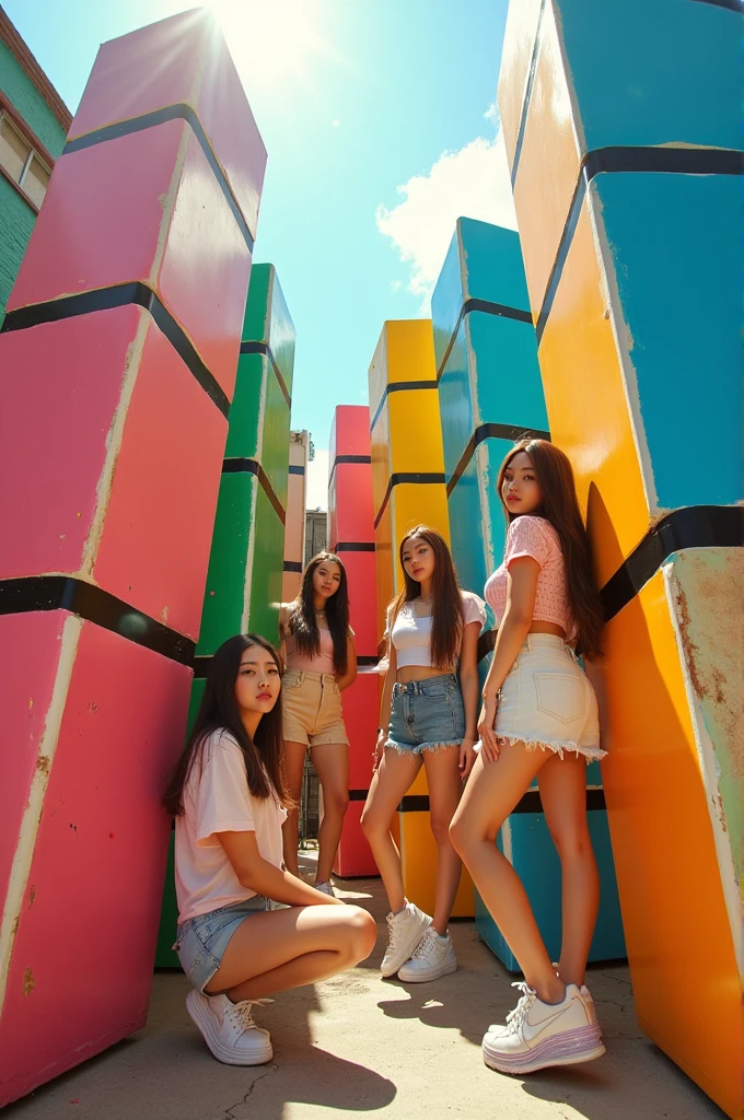 I'm taking photos for a new concept album. Create girl group concept photos with giant dominoes