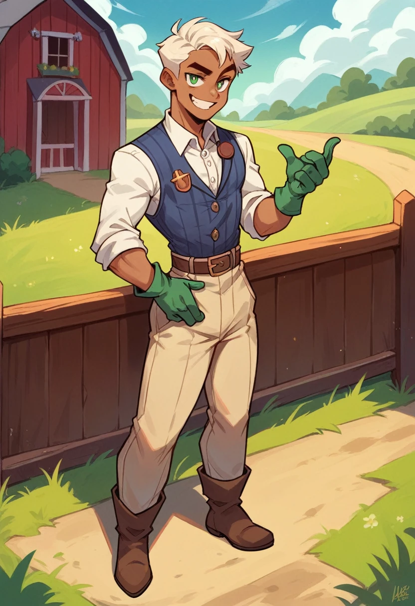 Human Male , Wizard  , white short Tied hair, Clear Skin ,waistCoat ,dark age Clothing ,smug face , Green pupils ,Smile , Farm Gloves ,solo ,Full body , Four colors 