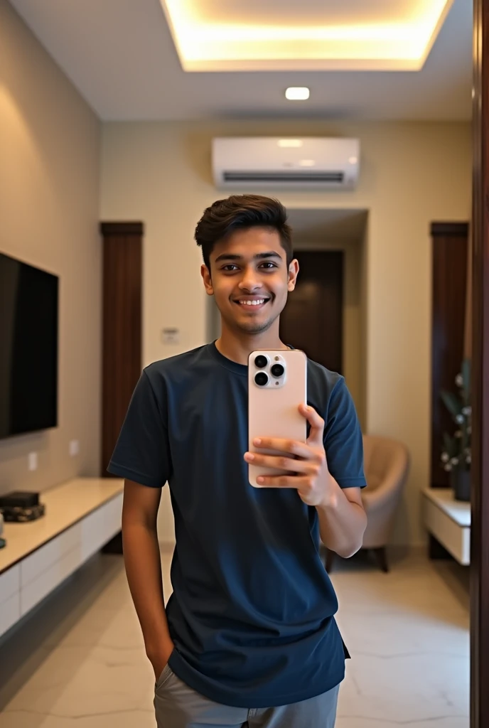 A 17 years boy of odisha inside his morden house taking mirror selfie with iphone 15 pro max i phone logo is clear and contains 3 cameras like real iPhone contains background is like a rich people contains luxury things like ac tv wifi etc and design things