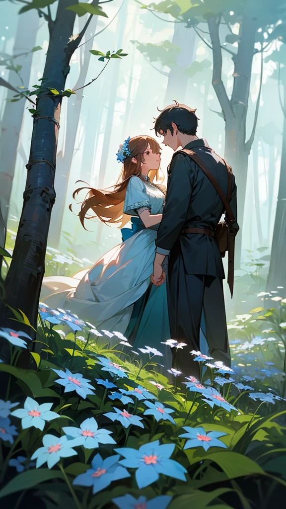 Draw a forest where there are forget-me-not flowers, that in the forest there is only one couple in love, where the girl is dressed in fantasy clothes, and the boy in period clothing like a worker, But I want the boy to be fading away as if he disappeared, but that both are far away