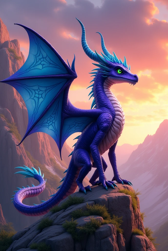 An purple scaled wyvern with blue wings blue horns and emerald green eyes