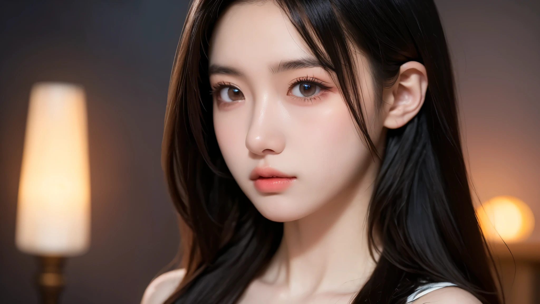 An 8k masterpiece, the highest resolution, every detail, meticulous detail, depth of field, bright colors, beautiful composition: an 18-year-old adolescent girl with black hair and beautiful innocent eyes in stunning detail, standing on a dark and ominous background.
