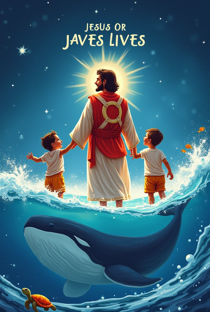Create a print art for a BLOUSE In the art you must put the theme in Portuguese written as it is here " JESUS OR SAVES LIVES" 
  ADD JESUS DRAWN IN LIFEGUARD DRESS AT SEA.
PUT 2 CUTE AND PRETTY CHILDREN, IN THE SEA WITH LIFEBUOYS. 
  Add little animals like turtles, little fishes, whale, and stars.

Observation: THE ART I WANT IN DRAWING, DON&#39;T PUT GLASSES ON JESUS, AND I WANT JESUS DRESSED UP