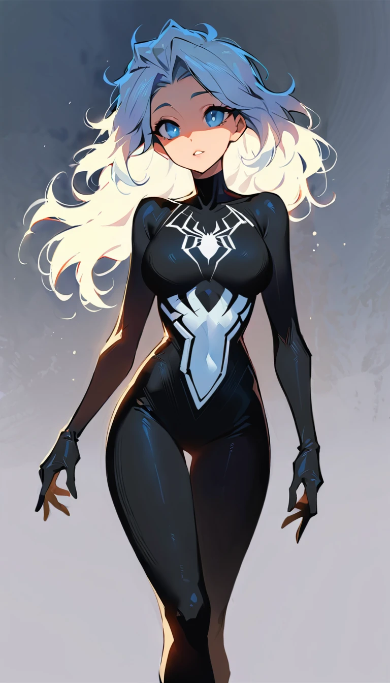 (high quality, 8k, 4K, high contrast, artwork:1.2, high quality, best aesthetics), ((1 woman)), erotic, sensual, mature body, grown woman, super detailed, beautiful face detailed, beautiful eyes detailed, detailed beautiful mouth, (short wavy white hair), (blue eyes), (calm expression), (standing straight body posture), (centered woman), (front facing woman), (white hero costume with black boots and gloves, black stripes and a simple black spider symbol on the chest), (alternate white and black spiderman costume)