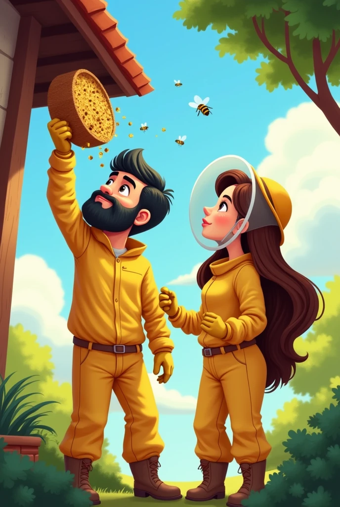 the image must have a cartoon style, with u Generate an image of two beekeepers, one man and one woman, in yellow beekeeping clothing, the man must be young and have a black beard, eyes black e tom de pele branca
, Lebanese traits , black short hair, eyes black, small-nose, the woman must have brown hair and European features, com olhos castanhos, removing bees from a house, using safety equipment, beekeeping mask, gloves and removing a bee hive that is near the roof of a house 