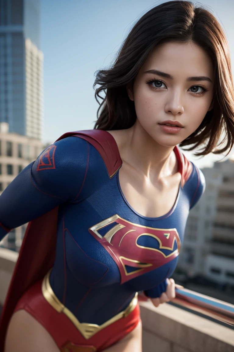 (Photorealistic:1.37), Highest Quality, masutepiece, high resolution, (Healthy skin tone), BREAK, Solo, Cinematic, fighting poses, (She wears DC's Supergirl costume suit:1.2), A fearless smile appears on her beautiful face, Elegant, Light brown short hair, Beautiful body like a supple athlete, Very sparkly oily skin, plein air, Skyscraper Area, BREAK, Highly detailed beautiful eyes and face, Detailed fabric texture, Insanely detailed realistic skin texture, (Correct body balance), Top-quality lighting that doesn't darken your face when backlit