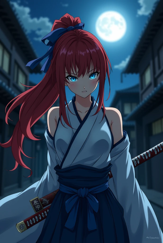 Anime, kimono, Japanese woman, blue eyes, red hair, long hair, ponytail, gray hakama, blue clothes, Japanese sword on left hip, large breasts, blue ribbon hair clip, night, very dark city of Kyoto, lots of blood splattering all over her body like a waterfall, Hitokiri Battousai, face looking down, biting lower lip, no sparkle in eyes, standing, anime