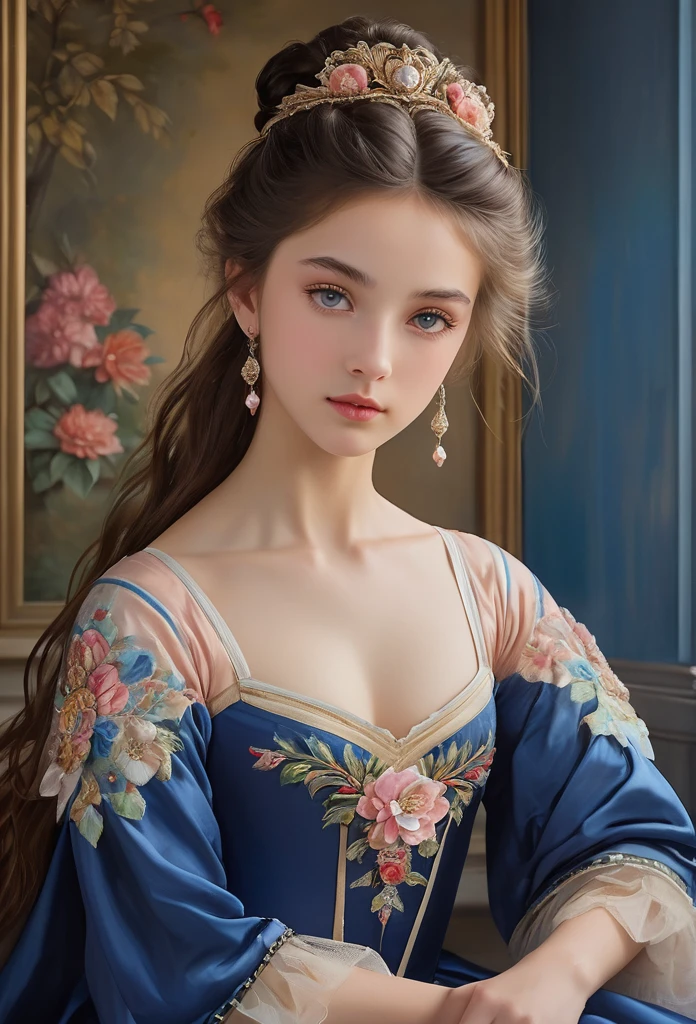 (highres,masterpiece:1.2),(realistic:1.37)"(best quality, highres, ultra-detailed, realistic),beautiful 19th-century portrait of a 16-year-old French ballet dancer, (She is half French and half Japanese, and is a stunning beauty with dark blue eyes and a high nose:1.1), elaborate ballet costume, detailed facial features, long graceful neck, flowing locks of hair, poised and elegant posture, soft and delicate lighting, classic oil painting medium, vibrant colors, subtle background with floral motifs", dreamy atmosphere, Surrealism,mystical aura