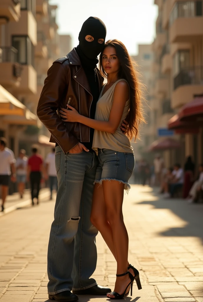 completely hidden face misterious white arabic woman wearing 2 eye holes black ski mask covering mouth and nose, without hair, brown biker leather jacket, wide leg denim pants, hugging a woman in short dress, high hill sandals, sunny day