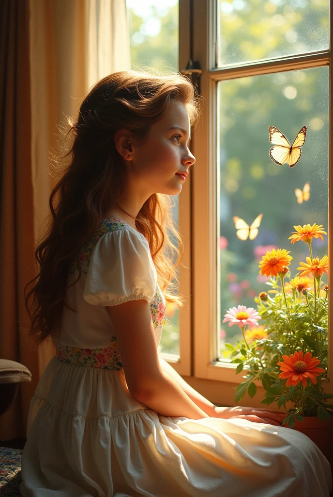 Draw a French girl sitting by the window with colorful butterflies flying in her flowery garden.