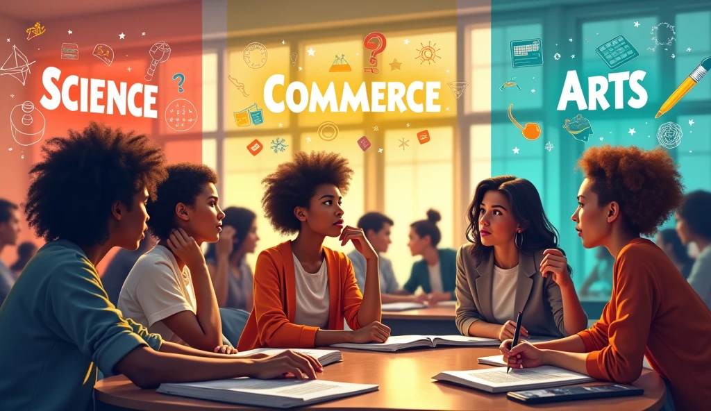 10th ke baad hamare pass 3 option hote hai science Commerce Arts animation create karo jisme science Commerce Arts text me likha ho thamnel creat karo jisme students soch raha ho 