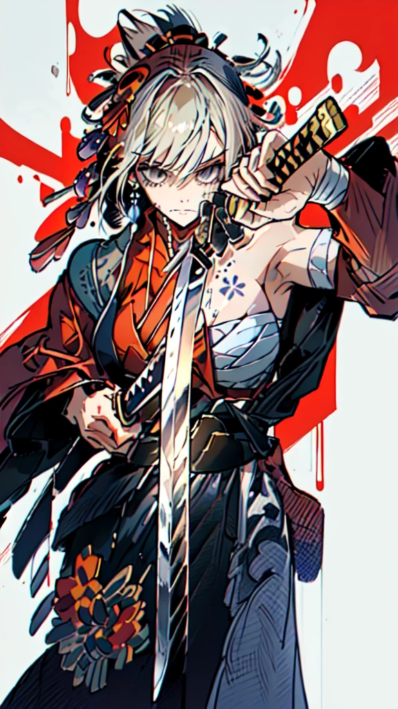 (((((roll up bandage sideways on a chest tightly to cover the chest without gaps))))), (((bandage samweways))),, ((Japanese Gangster BOSS)), adult woman with the dignified presence, Killing Qi, wear nothing around shoulder, wear nothing around neck, wear the kimono, wear it below the waist, I wind it up to control it, and to attach it, ((kimono come off)) ,wear the kimono multiple times, Bare shoulders and the clavicle, black and gold kimono, put on over jacket of kimono, (((holding a japanese sword, The handle of the sword, long sword))), low angle, whole body, anime character, Glaring, off sholder, Excellent, can see both shoulder, long kimono hem, small face, big tattoo on the arm,muscular,drink sake, The kimono is spreading,ultra-detailed,super beautiful,Masterpiece,Killing Qi,Intimidation, a person,Selfish person,Ginkgo biloba pattern,Under the trees with autumn leaves,tall,Imposing,colorful kimono,hold hilt of katana in hand,vanpire woman