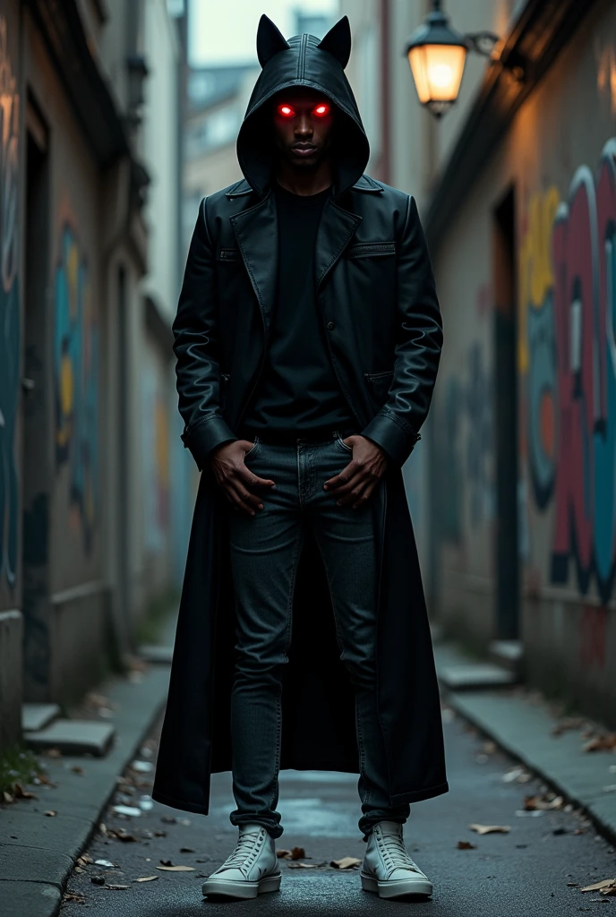 Make a picture of a man in a black overcoat, jeans, and tennis. The coat has a black hood with cat ears and where the eyes would be there is pitch black and two red orbs as eyes.. His skin is completely black.