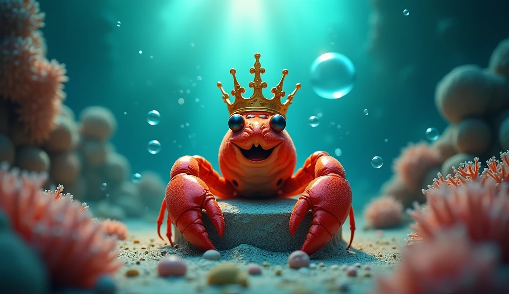 A lobster wearing a crown has a triumphant look on its face.、The background is glowing、I'm at the top of the podium、There is no one