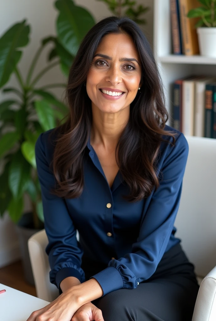 Create a portrait of Anika Patel, a career and daily inspiration writer of Indian origin. She is in her fifties, with long straight hair, noirs, and dark brown eyes. Anika affiche une expression inspirante et chaleureuse, portant une tenue professionnelle élégante : une blouse en soie bleu marine et une jupe crayon noire. Elle est assise dans un bureau moderne, avec des éléments de décor qui reflètent une atmosphère de travail inspirante, like self-help books and green plants. The background is bright and organized, exemplifying his thoughtful and motivating approach to career and inspiration."