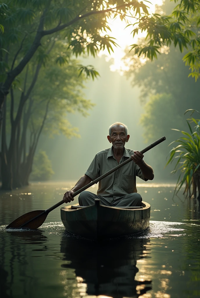( photo realism 1.2) photo realistic high detailed old Malay male at mangrove swamp paddling dugout canoe cinematic view dramatic view morning mode fogs effect pandanus tree sunlight effect view of black water lepironia articulate pandanus helicopus