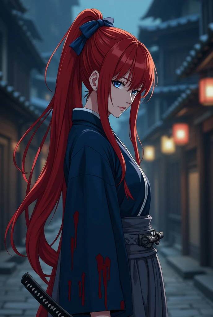 Anime, kimono, Japanese woman, blue eyes, red hair, long hair, ponytail, gray hakama, blue clothes, Japanese sword on left hip, large breasts, blue ribbon hair clip, night, very dark city of Kyoto, lots of blood splattering all over her body like a waterfall, Hitokiri Battousai, face looking down, biting lower lip, no sparkle in eyes, standing, anime