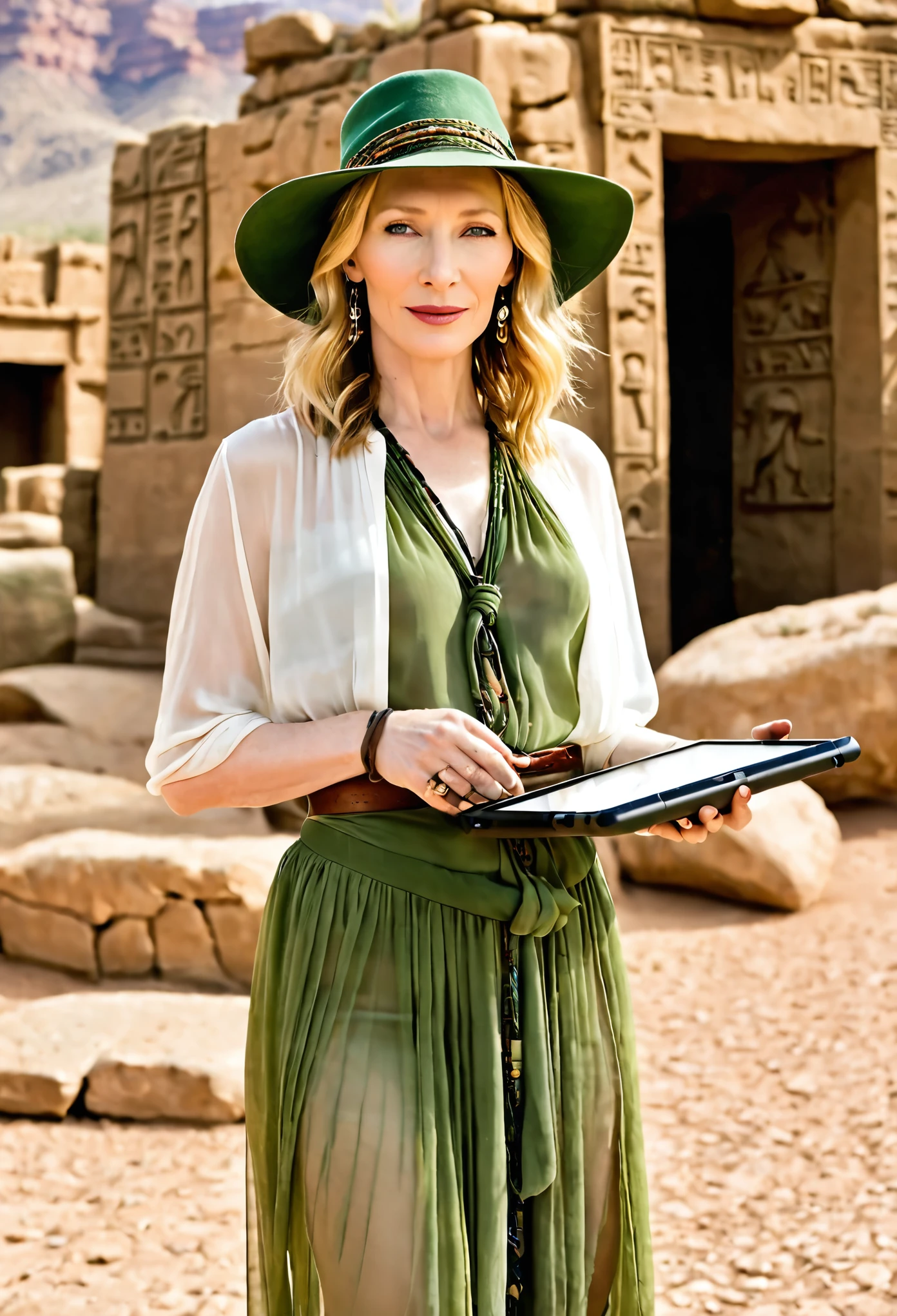 (sag)Cate Blanchett, age 25, age 25, British Expedition hat, Sheer white top tied above belly, Sheer green dress, no underwear, holding a tablet, desert ruins with hieroglyphs,
