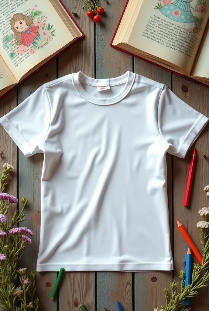 White cotton baby look shirt mockup. various books and pencils and flowers. T-shirt design template, t shirt printing presentation mockup.