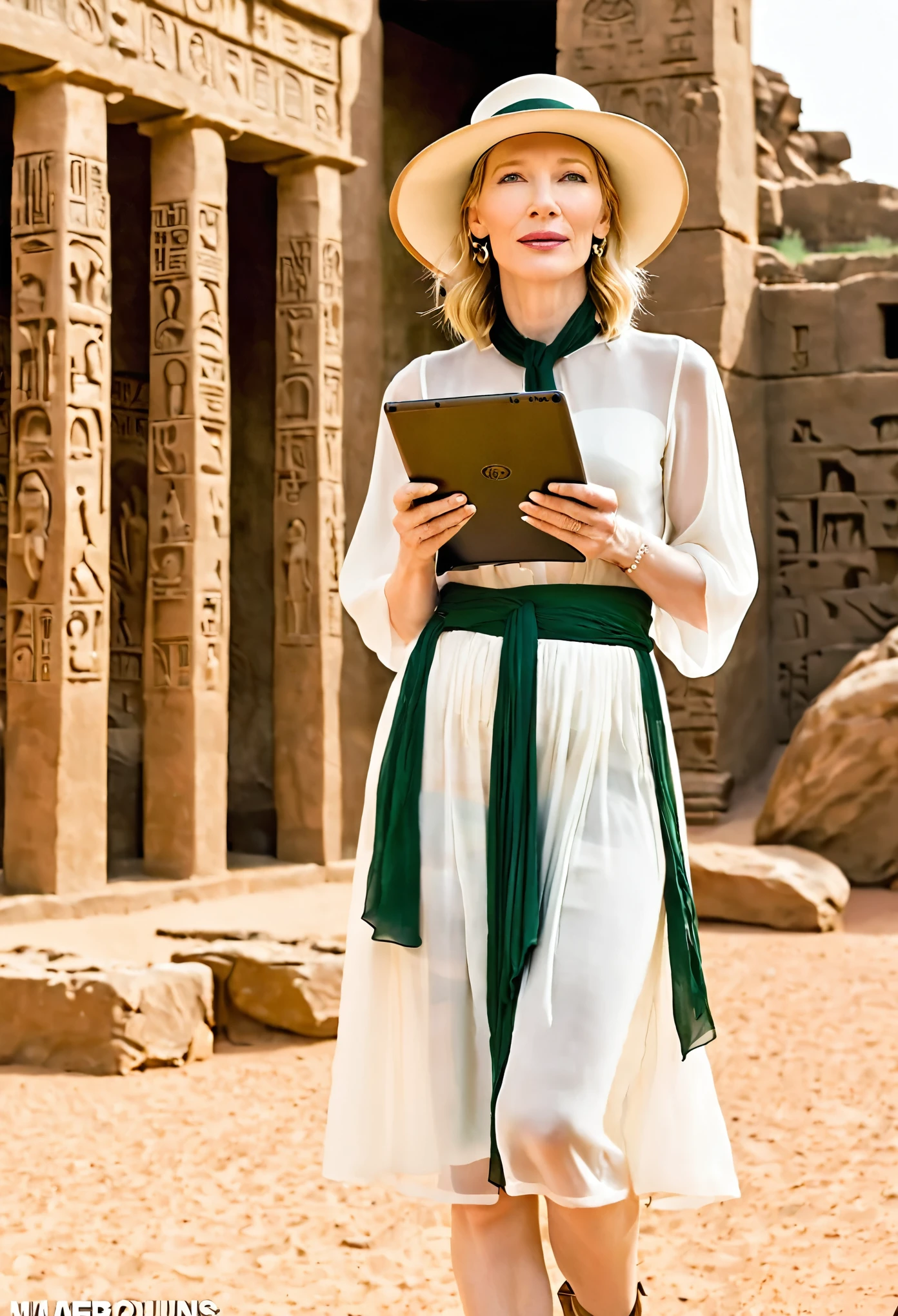 (sag)Cate Blanchett, age 25, age 25, British Expedition hat, Sheer white top tied above belly, Sheer green dress, no underwear, holding a tablet, desert ruins with hieroglyphs,