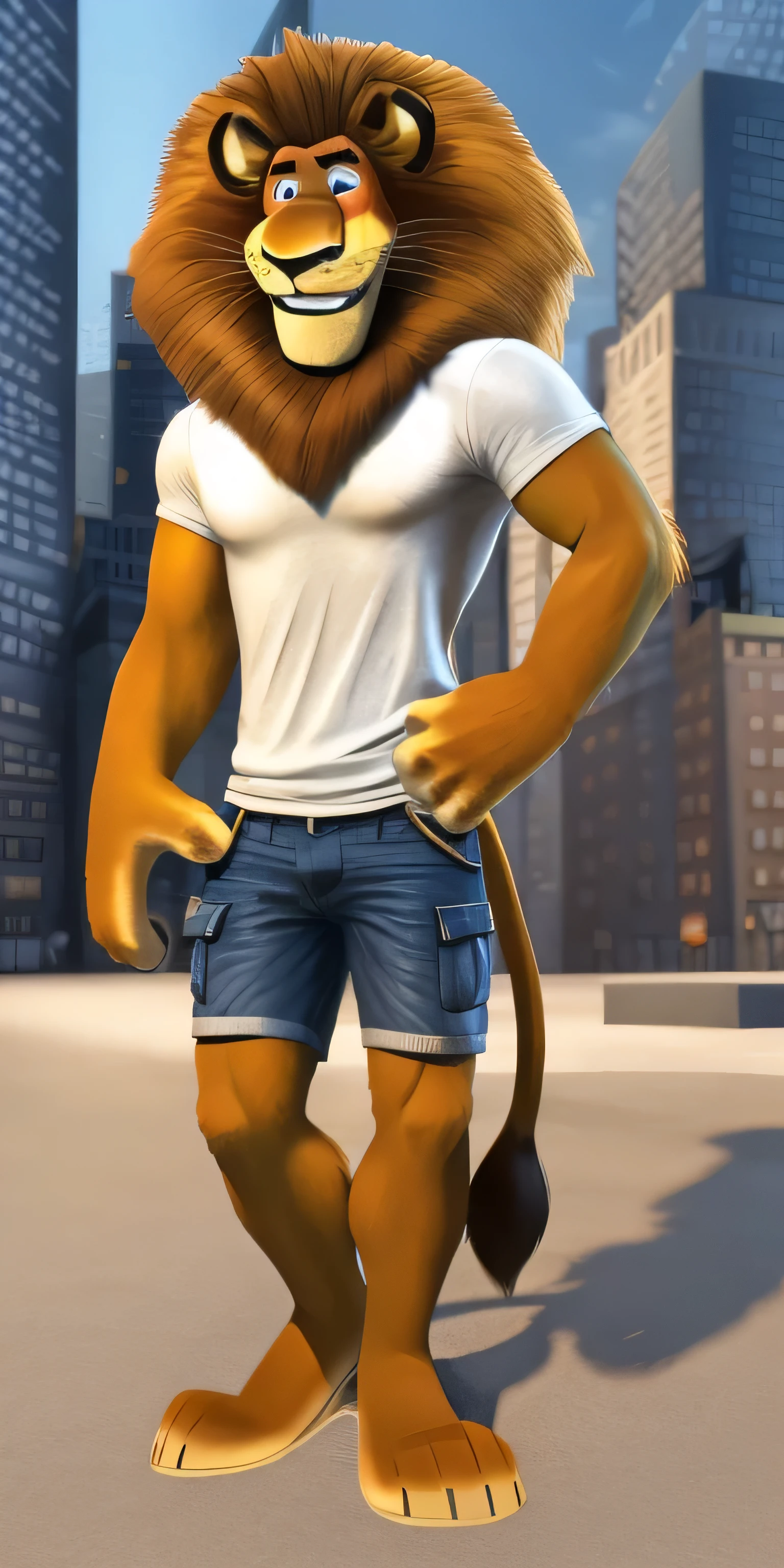 cartoon lion, AlexLion, male, solo, new York background, detailed background,4k, 8k, photorealistic, high res, high-quality lighting, ultrarealistic, realistic fur, detailed fur, perfect hands, detailed hands, realistic eyes, perfect eyes, detailed eyes, white iris, light blue pupil,full body image, pose, feet, standing, smile, white t-shirt, denim cargo shorts, crocs