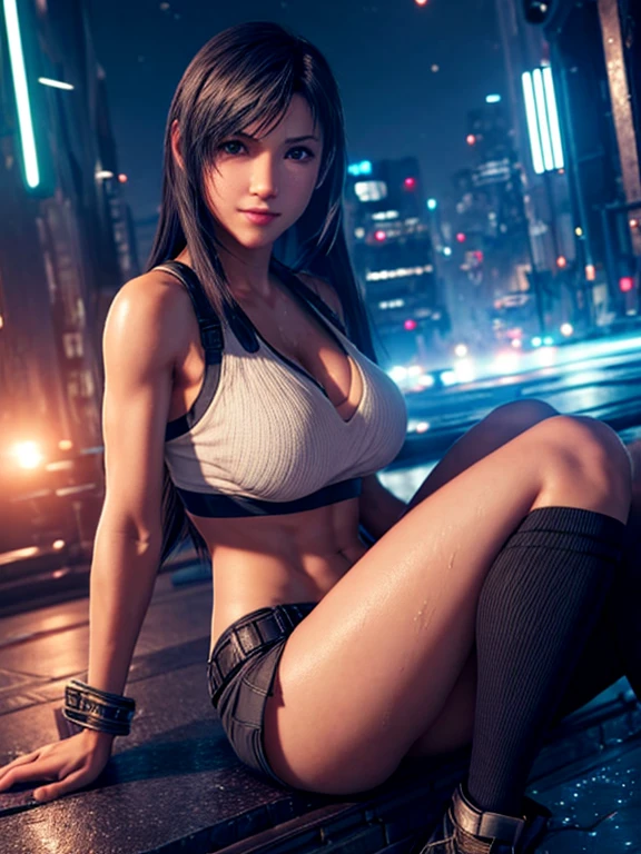 ((Master quality, 8K, masterpiece:1.3, ultra-detailed, high resolution, RAW Photos, detailed , blurry, Actual, hyper realistic, photo, HDR)), BREAK, perfect anatomical, perfect hands, perfect legs, perfect feet, detailed eyes, BREAK, One person alone, ff7r style, tifa lockhart,, beautiful face, beautiful detailed eyes, (dynamic posing ), long hair, ( Round and Stacked Breasts ), Cleavage, seductive smile:1.5, Sweat-soaked skin, BREAK, wearing( ), , Graffiti art, BREAK, ( Random Angle, full-body, ), dynamic angle, , background(Realistic , cinematic lighting, depth of field, night , the full moon,, cyberpunk city atmosphere light particles, , )