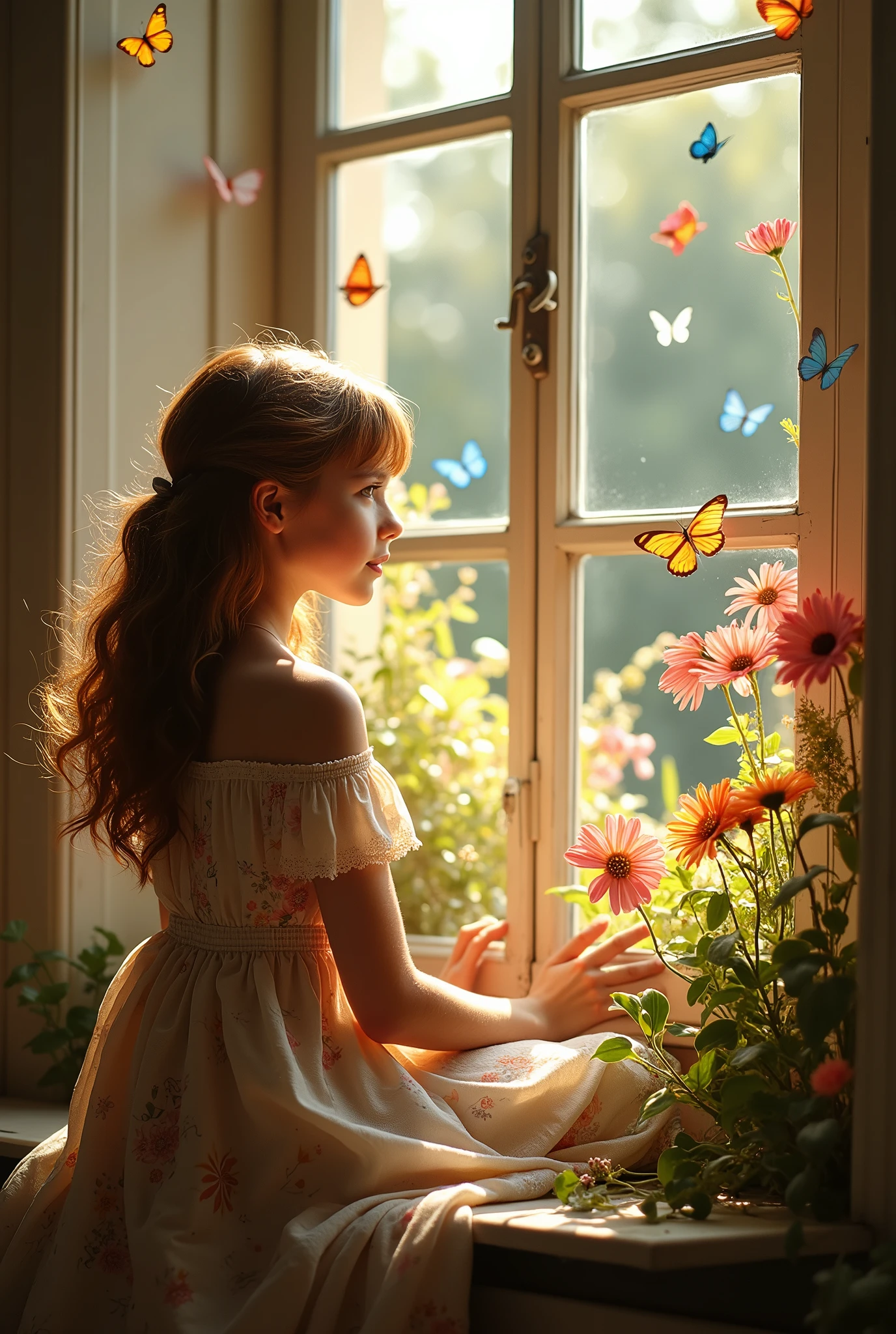 Draw a French girl sitting by the window with colorful butterflies flying in her flowery garden.