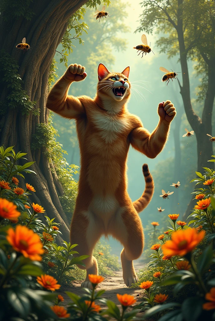 Father Cat vs bees hand to hand combat fight in jungle