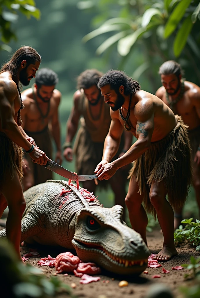 a group of primitive humans, one holding a knife, cutting meat from a dead sleep t-rex. Tilt shift photography. , detailed anatomy, detailed clothing, intricate details, highly detailed, award winning, masterpiece, 8k, photorealistic, dramatic lighting, moody atmosphere, earthy tones, gritty texture, rugged, realistic, cinematic.
