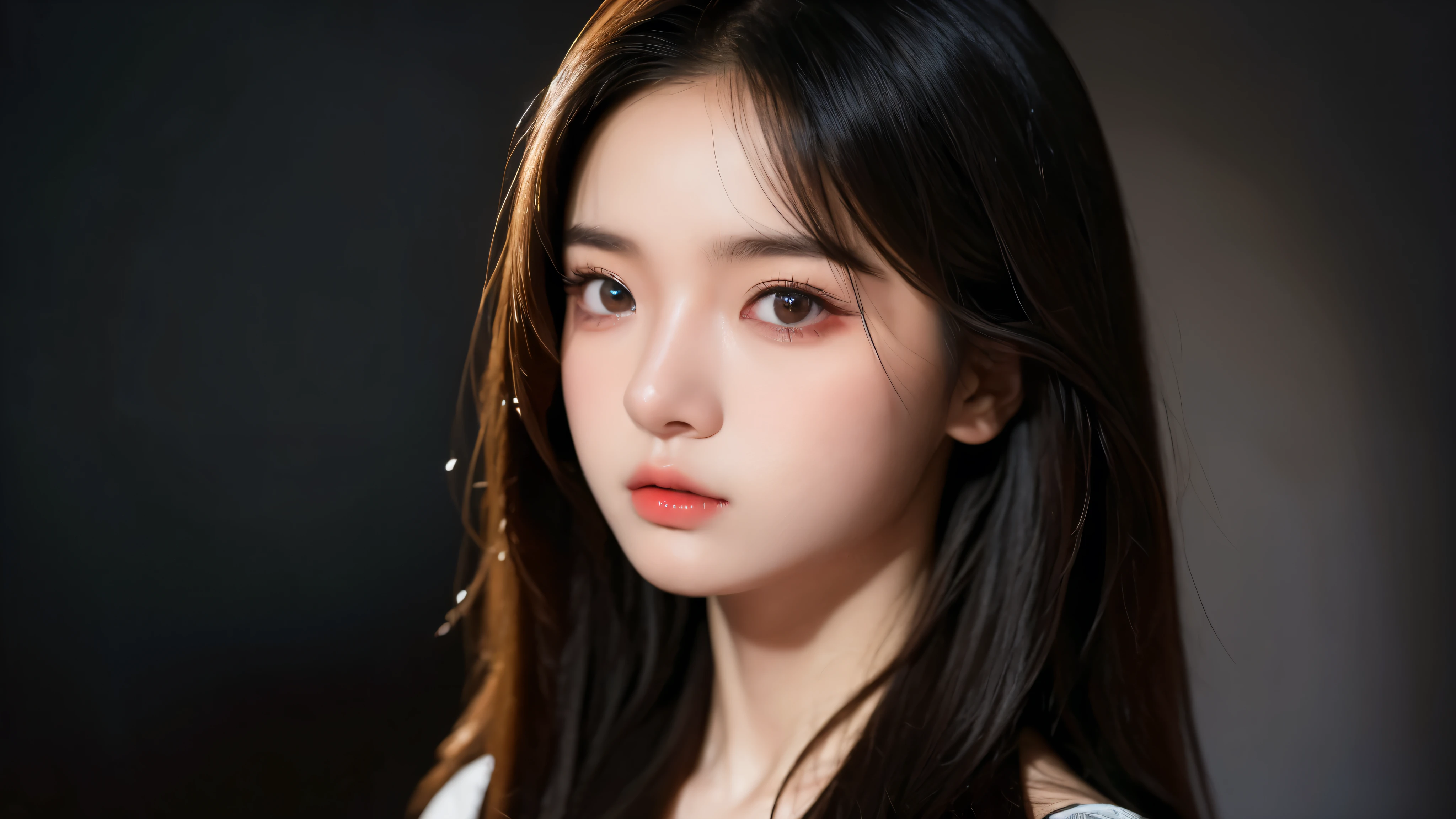 An 8k masterpiece, the highest resolution, every detail, meticulous detail, depth of field, bright colors, beautiful composition: an 18-year-old adolescent girl with black hair and beautiful innocent eyes in stunning detail, standing on a dark and ominous background.