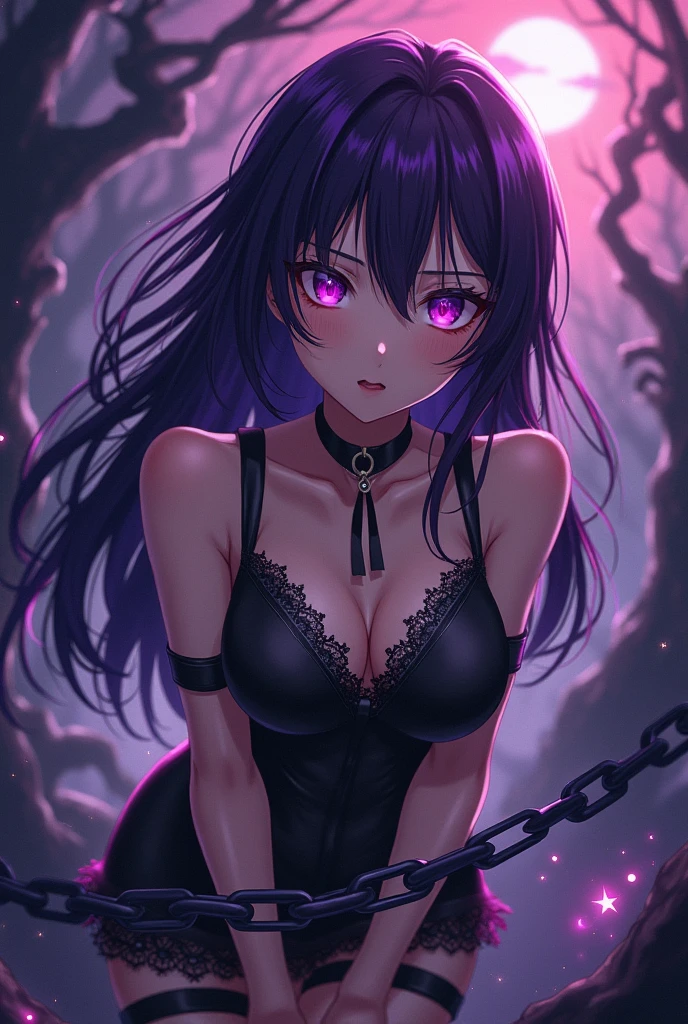 Chained anime girl with dark purple filter 

