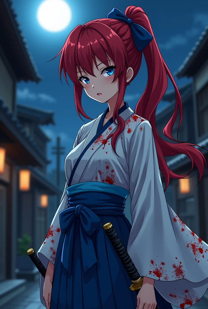 Anime, kimono, Japanese woman, blue eyes, red hair, long hair, ponytail, gray hakama, blue clothes, Japanese sword on left hip, large breasts, blue ribbon hair clip, night, very dark city of Kyoto, lots of blood splattering all over her body like a waterfall, Hitokiri Battousai, face looking down, biting lower lip, no sparkle in eyes, standing, anime