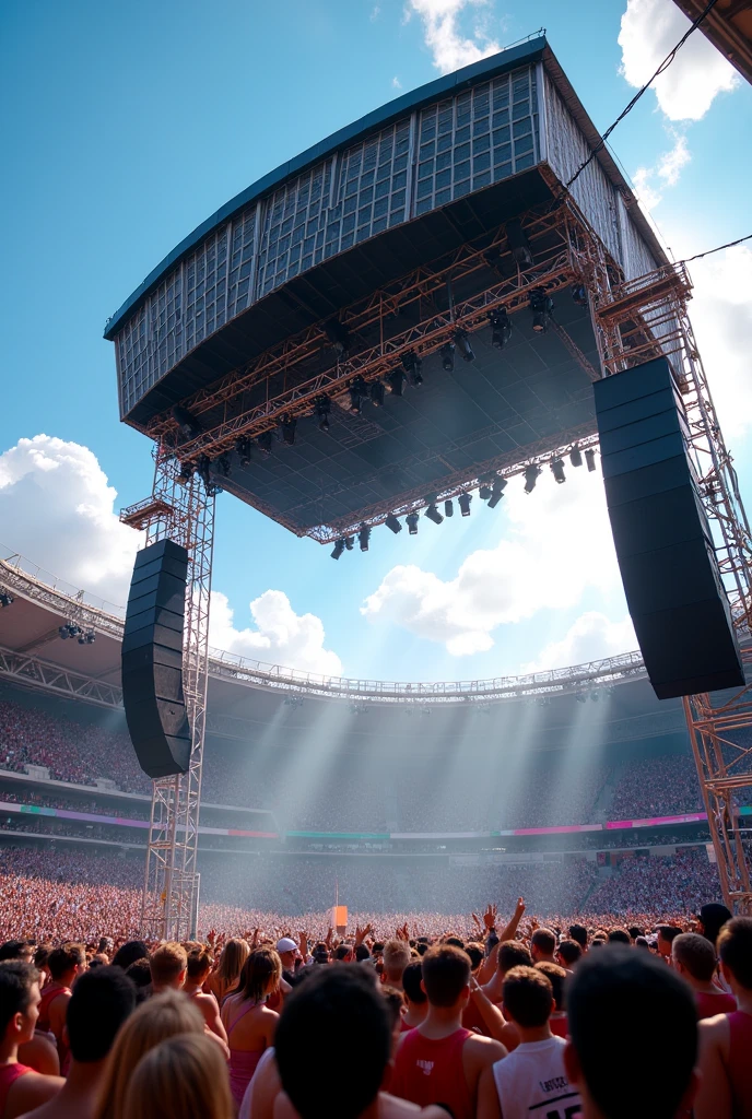 Line arrays speakers forming Oval shaped stacked speakers and subwoofers system suspended in air rigged at the center of a stadium for 1000 capacity and more live music performance concert in broad day light