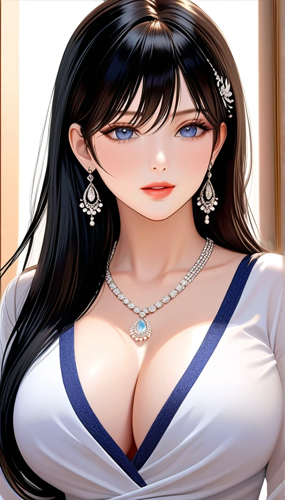 (best quality,4k,8k,highres,masterpiece:1.2),ultra-detailed,(realistic,photorealistic,photo-realistic:1.37),elegant mature woman,seductive pose, eyes,wavy blunt hair,black hair,black neck plunging t shirt with intricate patterns,jeans,saggy breasts,beautiful cg,soft light,long kundan jhumka earrings,cleavage,face intense makeup, delicate necklace , dupatta , blue eyes,red lipstick, eyeliner, eyeshadow, eyelids,hands,legs, blush ,high heels
