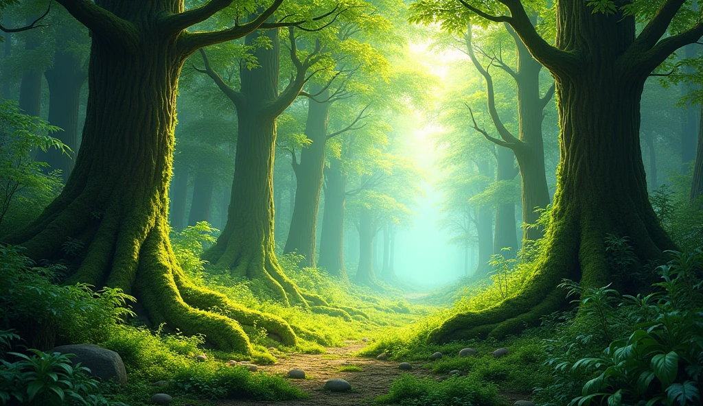 A lush, green forest with tall, towering trees and vibrant foliage.