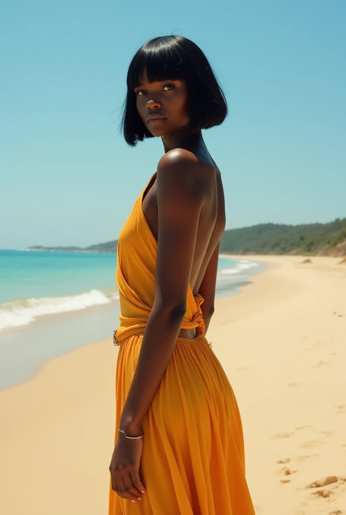 pretty girl on the beach. Dark skinned with short black hair like Cleopatra. stomach 1.55 my peso 50 kg. appears full body, facing and naked.