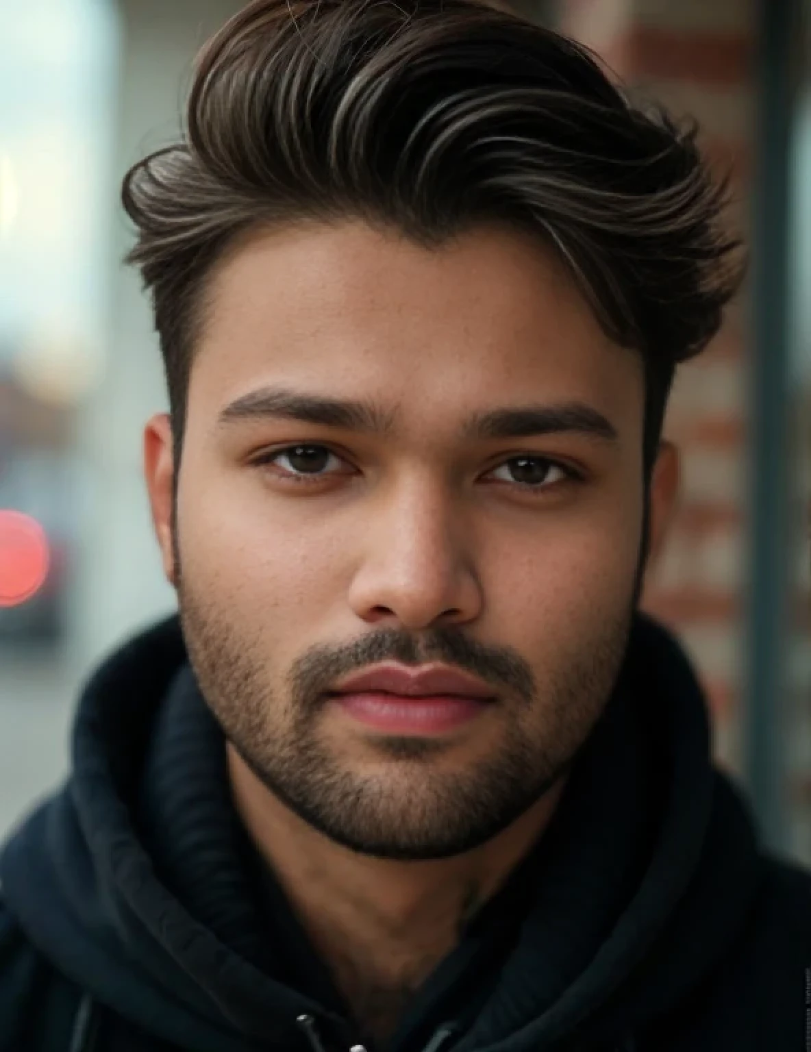 A beautiful young bearded man with highly detailed skin.black hair.happy emotion