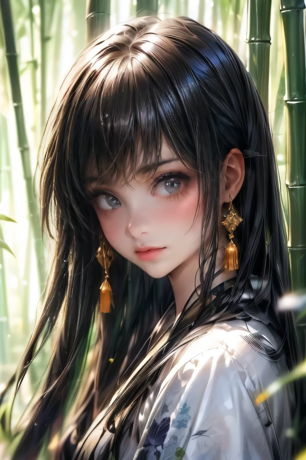 girl,detailed beautiful pretty girl,long straight white and black gradient hair,blunt bangs,flowing hair,beautiful detailed eyes,eye makeup like a kabuki actor,beautiful detailed lips,detailed facial features,detailed hair,detailed skin,bamboo forest background