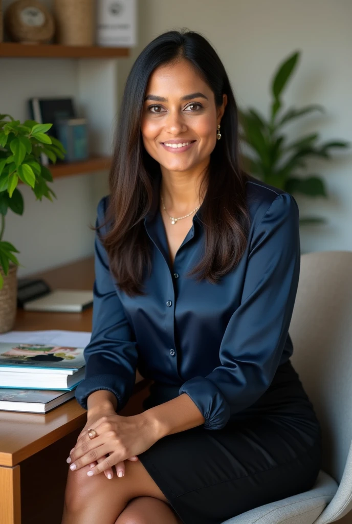 Create a portrait of Anika Patel, a career and daily inspiration writer of Indian origin. She is in her fifties, with long straight hair, noirs, and dark brown eyes. Anika affiche une expression inspirante et chaleureuse, portant une tenue professionnelle élégante : une blouse en soie bleu marine et une jupe crayon noire. Elle est assise dans un bureau moderne, avec des éléments de décor qui reflètent une atmosphère de travail inspirante, like self-help books and green plants. The background is bright and organized, exemplifying his thoughtful and motivating approach to career and inspiration."